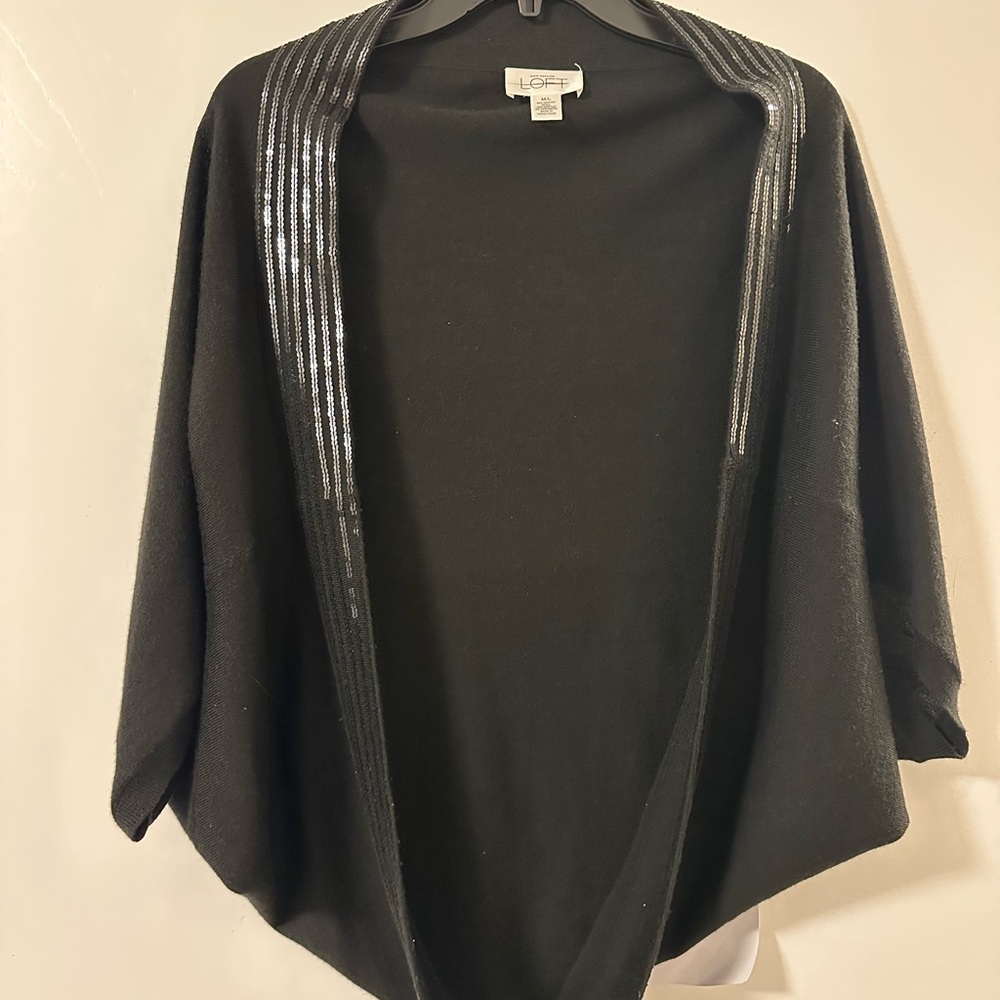 LOFT Black Sequin Trim Open Cardigan